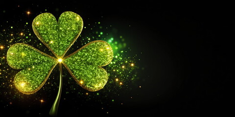 Glittering green shamrock on black background