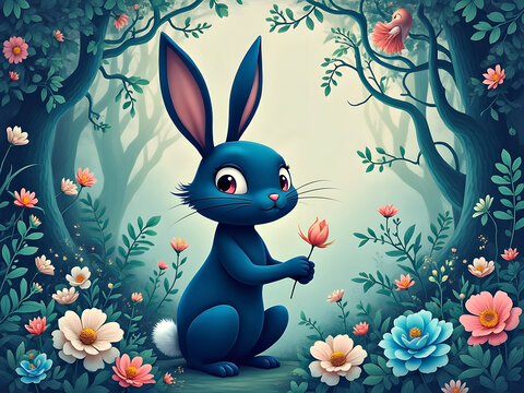 Fototapeta Cute illustration of a blue cartoon bunny rabbit holding a flower in an enchanted forest