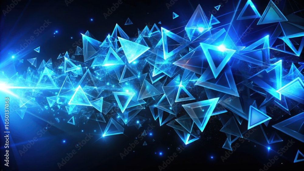 Leinwandbilder A cascade of glowing blue triangles, interconnecting in a web of light, against a dark background. The triangles shimmer with an ethereal glow, creating a dynamic and futuristic aesthetic.