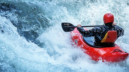 A kayaker paddles through a fast-moving river.