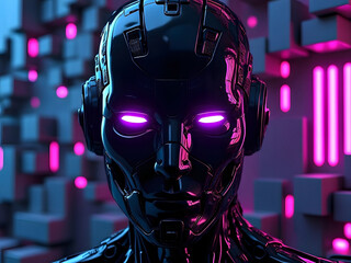 Obsidian black robot face with glowing neon purple eyes and blurred 3d blocks background