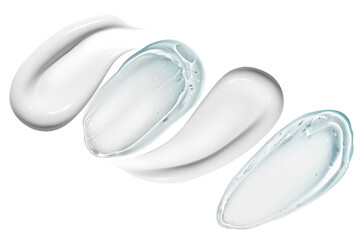 Composition of a white cream smear and a transparent blue gel smear on an empty background. Skincare products, hydrating and moisturizing textures.