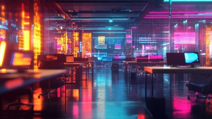 Modern neon cyberpunk open space office interior blurred with information technology overlay. Corporate strategy for finance, operations, marketing. Tables with computers for work. Technology