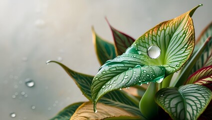 a solitary, glistening drop of water glistens on the delicate petal of a lush, emerald green ornamental plant, surrounded by intricately patterned leaves with subtle hints of gold 