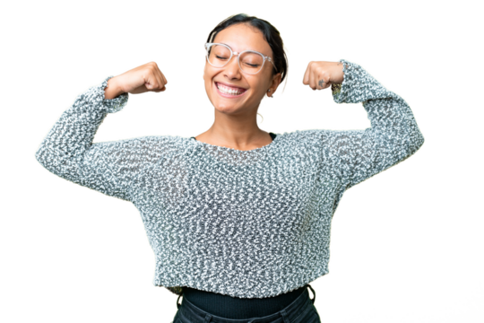 Young Uruguayan woman over isolated chroma key background doing strong gesture