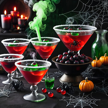 Spooky Halloween cocktail setup with blood-red martinis, eyeball garnishes, smoky effects, spider decor, and candles in a festive atmosphere.