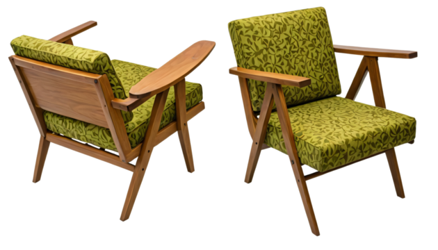 Two identical wooden chairs with green cushioned seats and wooden legs are positioned side by side, facing the same direction, against a white background, creating a symmetrical and harmonious scene