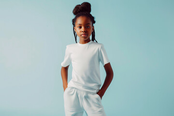 teenager wearing white t-shirt on plain background, t-shirt mockup