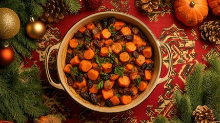 Hanukkah sweet stew with a blend of carrots, sweet potatoes, and dried fruits, topped with cinnamon, set against a festive holiday background.