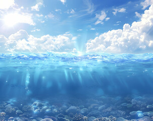 An underwater view of the ocean's surface, with coral reefs visible below and sunlight filtering through the water