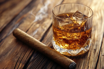 Glass of scotch whiskey with ice cubes and brown cigar