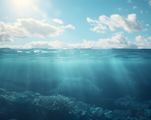 An underwater view of the ocean's surface, with coral reefs visible below and sunlight filtering through the water