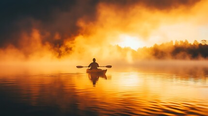 A person paddles a kayak on a lake with fog and a sunrise in the background.