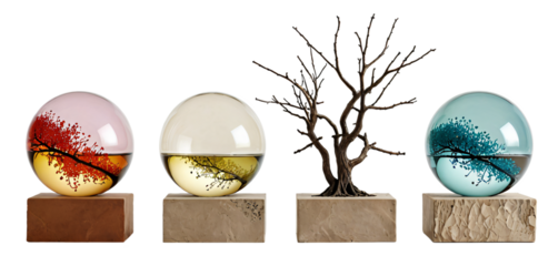 Three unique glass balls, each containing a different tree design, are arranged in a line on wooden cubes, creating a visually striking and harmonious arrangement