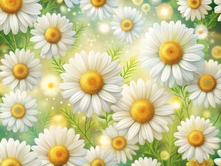 Fototapeta premium Seamless Vintage Floral Wallpaper with White Daisies in Bokeh Effect - High-Resolution Botanical Pattern Background for Printing