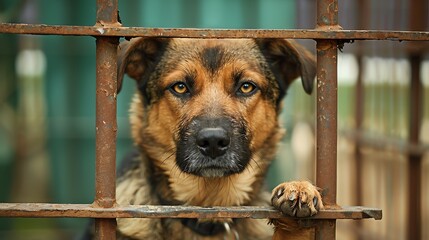 A sad dog looking through a cage.