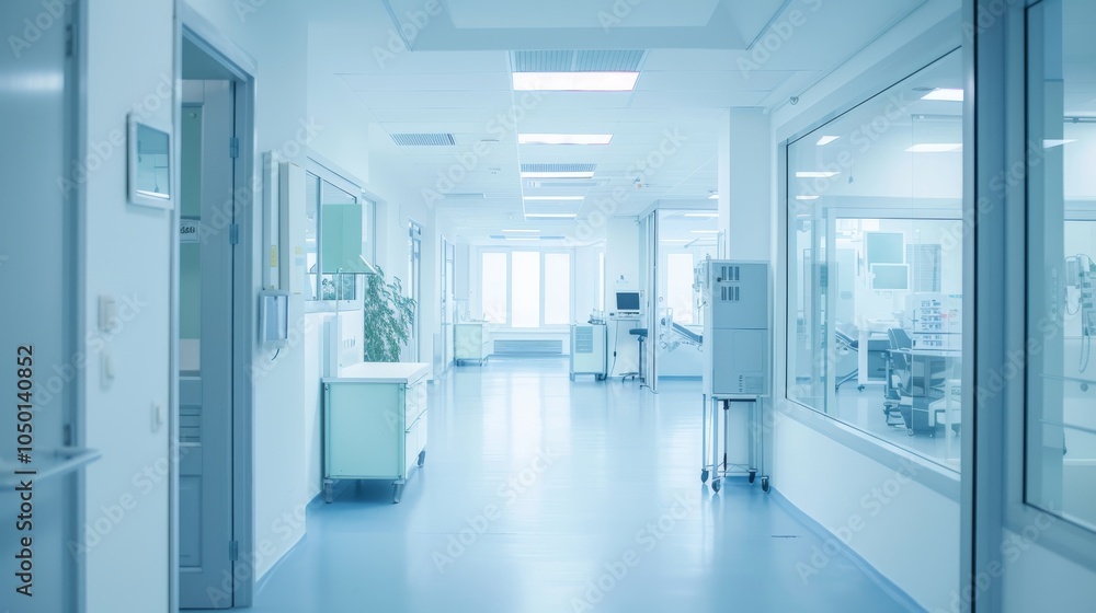 Aufkleber A wide shot of a comprehensive health check-up center with various examination rooms and diagnostic equipment, set against a bright, modern medical environment