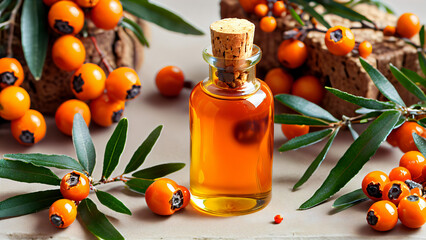 Natural ingredients: Photo of a bottle with sea buckthorn oil and fresh berries, symbolizing healthy eating and harmony with nature