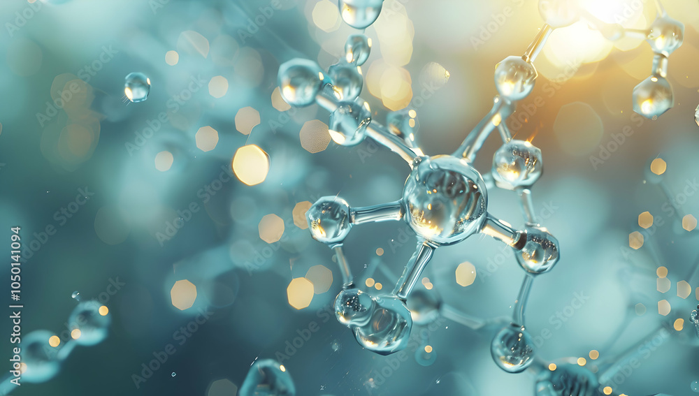 Poster a close-up of an abstract water molecule structure, set against a blurred background with soft light