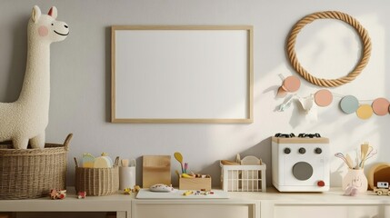 Obraz premium Cozy and Playful Kids' Room Decor with Empty Frame and Toys