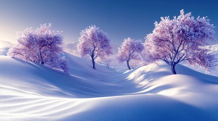 Fototapeta premium A picturesque winter scene with snow-covered hills and frost-covered trees under a clear, blue sky.