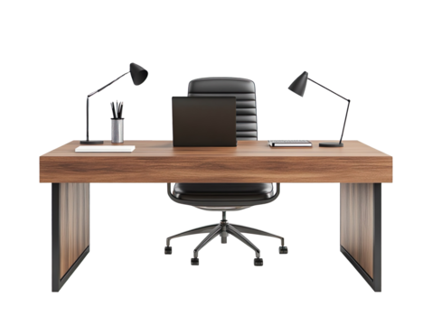office desk with laptop, chair and lamp on it isolated on transparent background