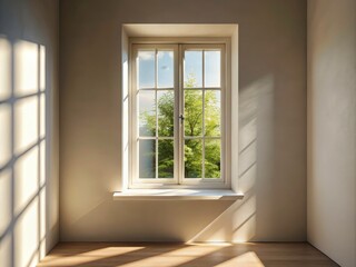 Fototapeta premium Serene Minimalist Scene Featuring a White Window Illuminated by Natural Sunlight in a Tranquil Setting