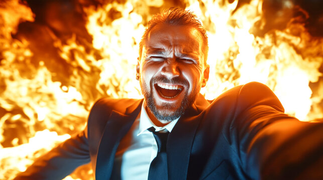 An elegant businessman joyfully captures a selfie while surrounded by flames, showcasing humor in unexpected situations during a fiery event