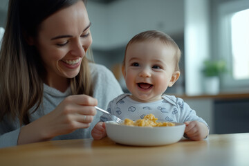 A mother feeds her joyful baby in a modern kitchen; the baby smiles in a high chair, enjoying a colorful meal, creating a warm, affectionate family moment. Concept: family bonding