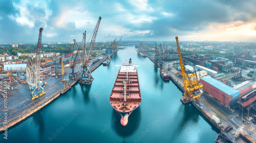 Poster aerial view of cargo ships docked at a busy industrial port with cranes ready for container loading 
