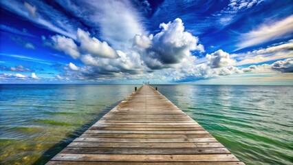Obraz premium A wooden pier stretching into a vast blue ocean, surrounded by fluffy white clouds against a clear sky, inviting you to wander into the unknown