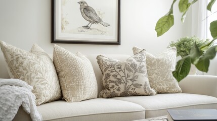 Cozy Living Room with Elegant Textiles and Nature Artwork