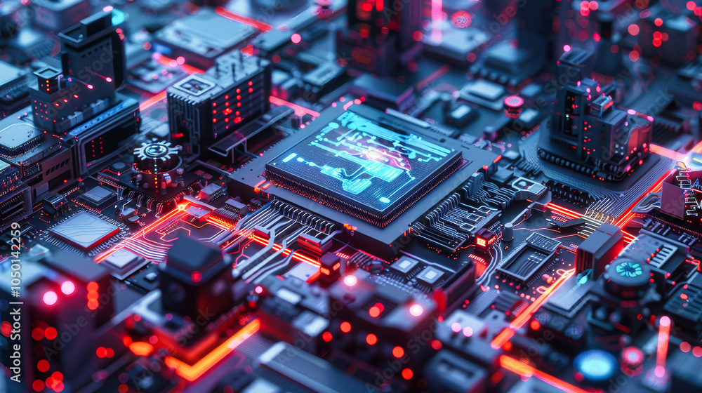 Poster a realistic ai chip with a holographic interface above it, set against a backdrop of futuristic circ