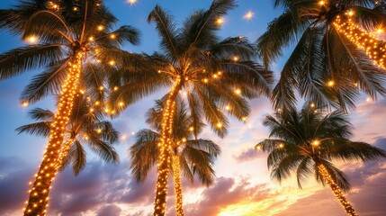 Palm trees decorated with glowing Christmas garland, set against a deep blue evening sky, perfect for a tropical holiday theme.