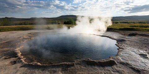 Obraz premium A large body of water with steam rising from it. The steam is white and the water is blue. The scene is peaceful and serene