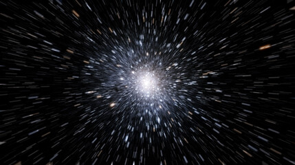 Obraz premium Bright starburst effect with streaks radiating outward on a dark background. Abstract image depicting a dynamic space-inspired or warp-speed effect with glowing light trails