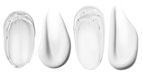 Set of compositions featuring white cream smears and transparent gel smears on an empty background....