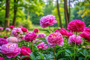 Obraz premium Vibrant peonies blooming in a lush garden surrounded by tall trees and vibrant green foliage, peonies, lush, beautiful