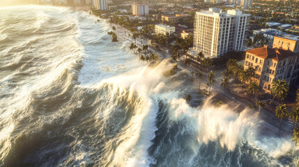 Aerial view of a massive tsunami crashing into a coastal city, with high waves and foam, reminiscent of ancient palm-lined shores