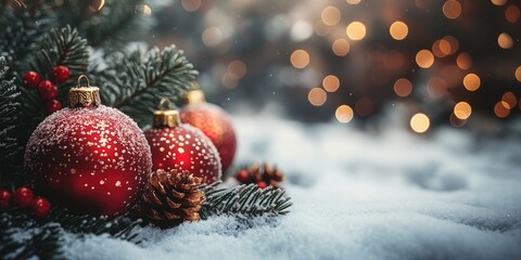 Obraz premium christmas and new year holidays concept. Red balls on fir branches, winter snowy backdrop. festive winter season background. template for design. banner, copy space