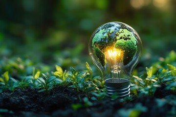 Lightbulb with green world map. Green energy