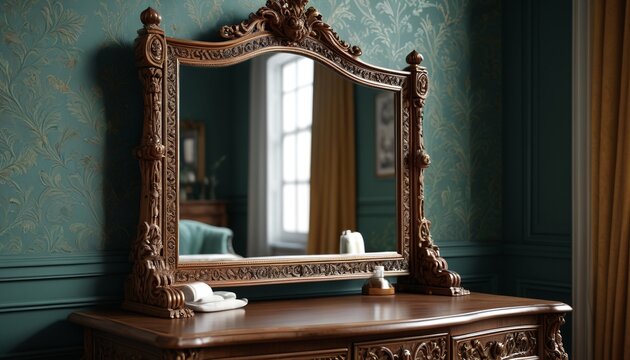 An ornate vintage vanity mirror with intricate carvings, adding a touch of classic charm to dressing spaces and elevating personal grooming routines, Generative AI