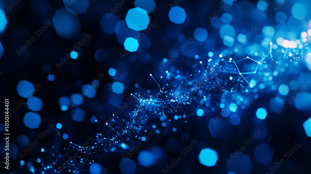Poster abstract blue light bokeh effect with sparkling particles and geometric shapes in a dark background