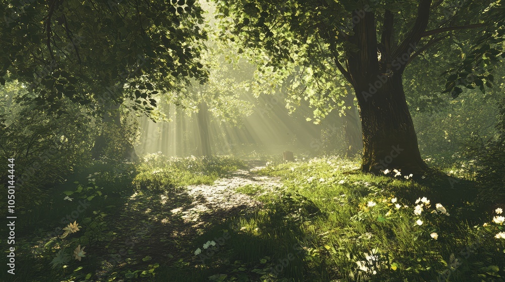 Poster a tranquil glade in a pristine forest, with soft sunlight filtering through the leaves and illuminat