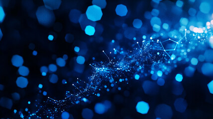 Abstract blue light bokeh effect with sparkling particles and geometric shapes in a dark background