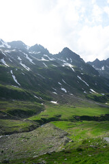 Obraz premium A serene mountain landscape with green meadows and snowy peaks.