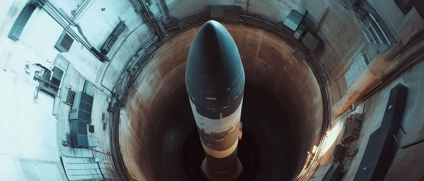 Large ICBM rocket in underground missile silo, view from above. Generative AI