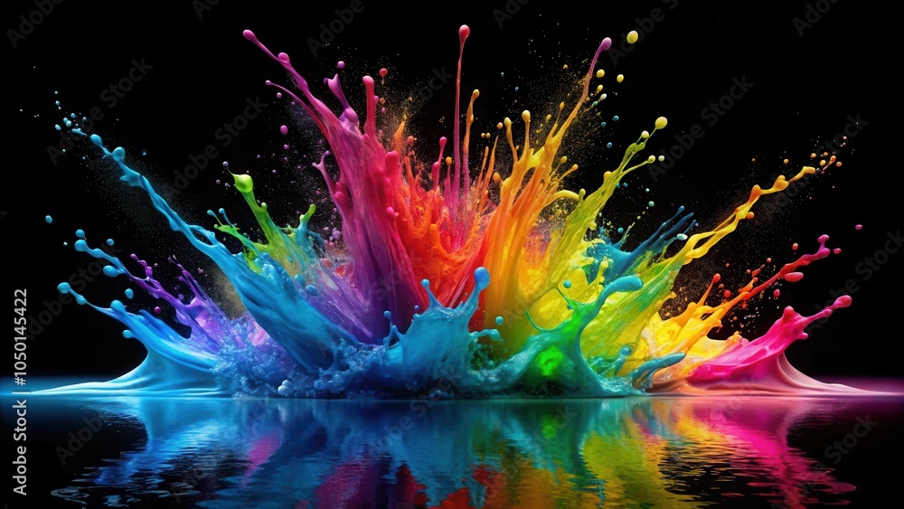 Poster a vibrant explosion of colorful liquid splashes against a dark background, creating a dynamic and ar