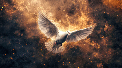 Obraz premium A dove spreads its wings while soaring through flames amidst a dark, smoky backdrop in a vivid digital painting