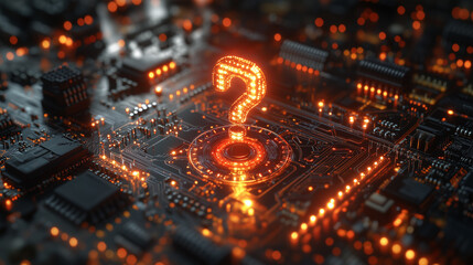 Digital question mark hovers over computer circuit board